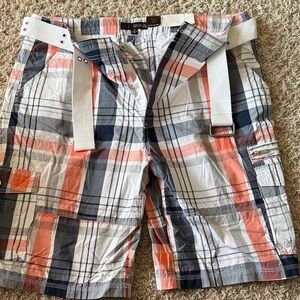 Men’s Guess Multicolor Plaid Cargo Shorts with White Belt